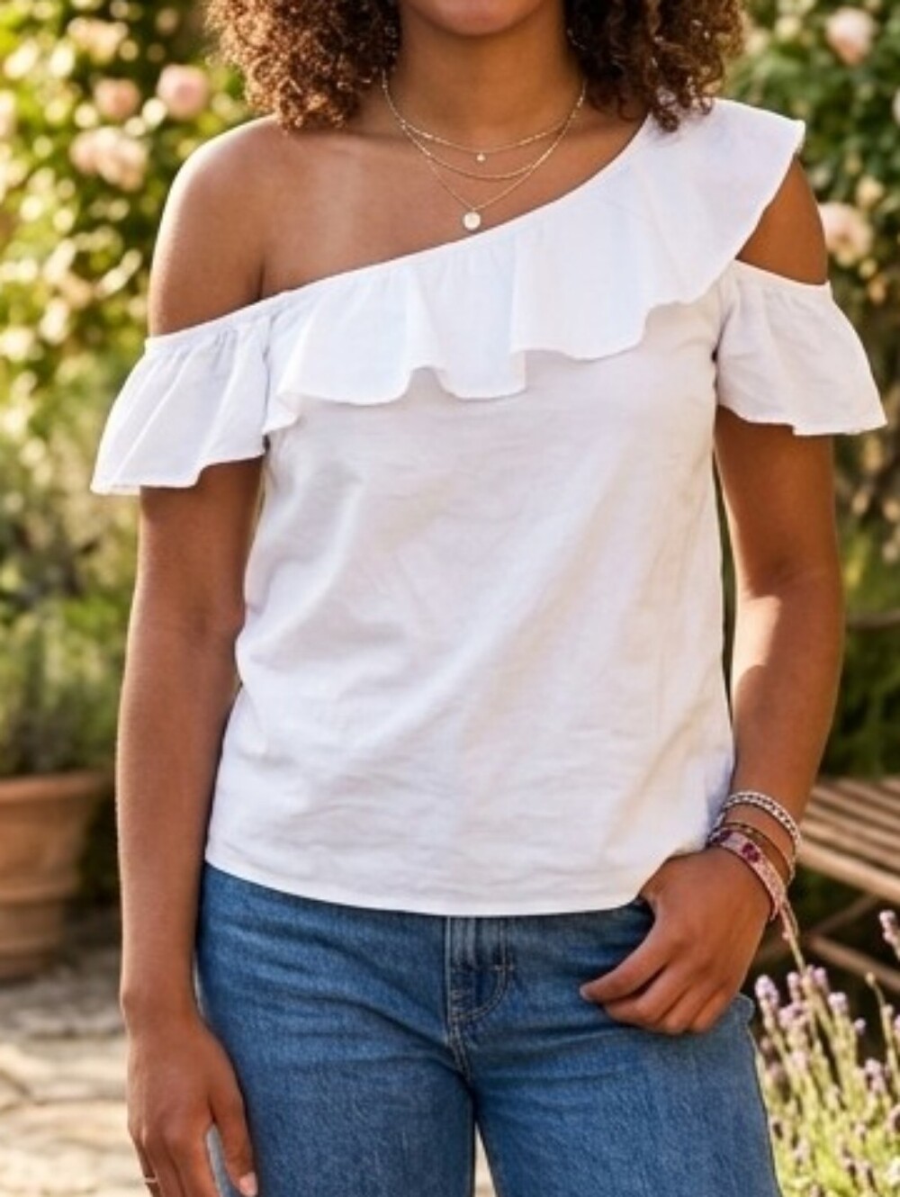 Madewell Asymmetrical Flutter Off Shoulder White Cotton Top Women's Small 2